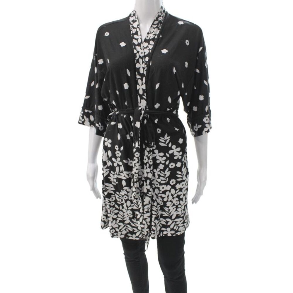 In Bloom by Jonquil Womens Floral Print Belted Robe Black White Size Petite